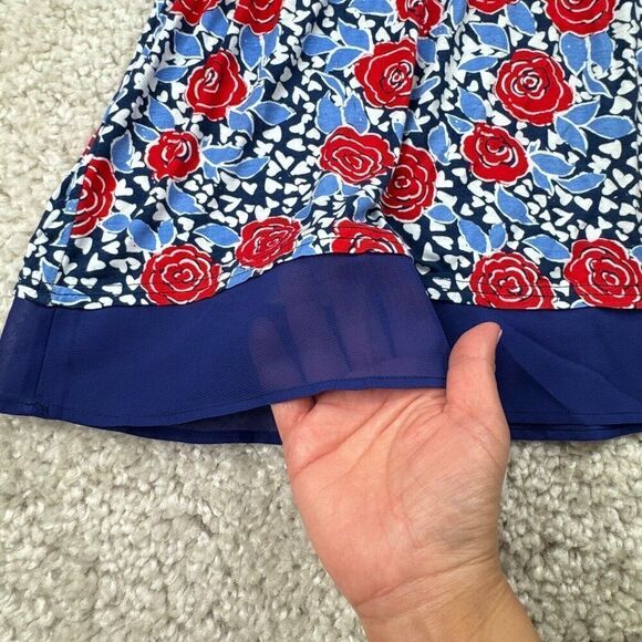 Modcloth Blue Red Floral Roses Surplice Wrap Blouse Top - Picture 7 of 9